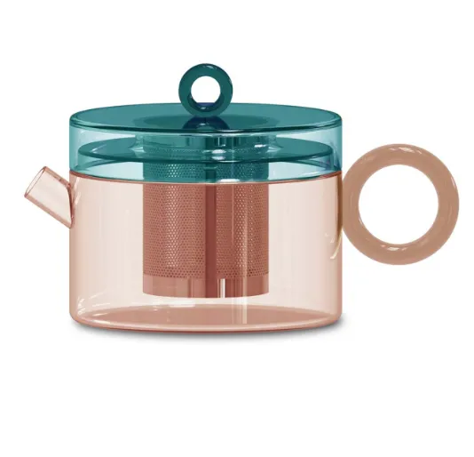 Théière verre - pêche et vert pétrole